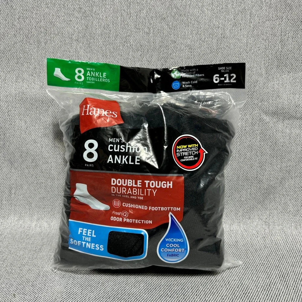 Hanes Mens Cushion Ankle Socks 8 Pairs 6-12 Black Double Tough Durability NEW